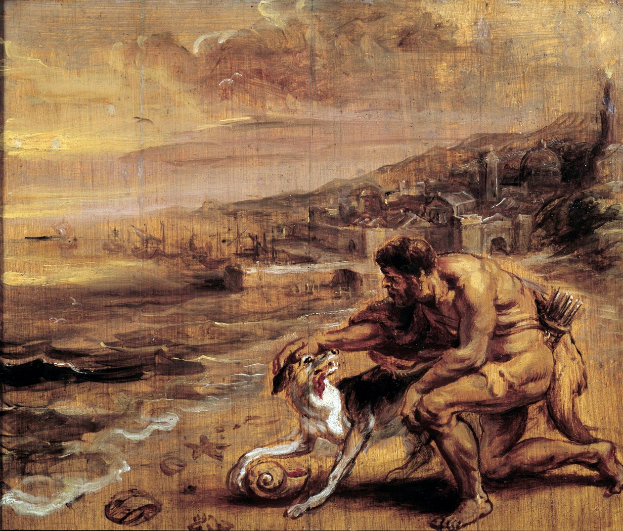 Objev fialové Feničník najde díky svému psovi skořápku (Murex) produkující červenou tinkturu. Wash obraz Pierre Paul (Pierre-Paul) Rubens (nebo Peter Paul nebo Petrus Paulus) (1577-1640) 17. století Sun. 0,28x0,34 m Bayonne, Musee Bonnat od Peter Paul Rubens