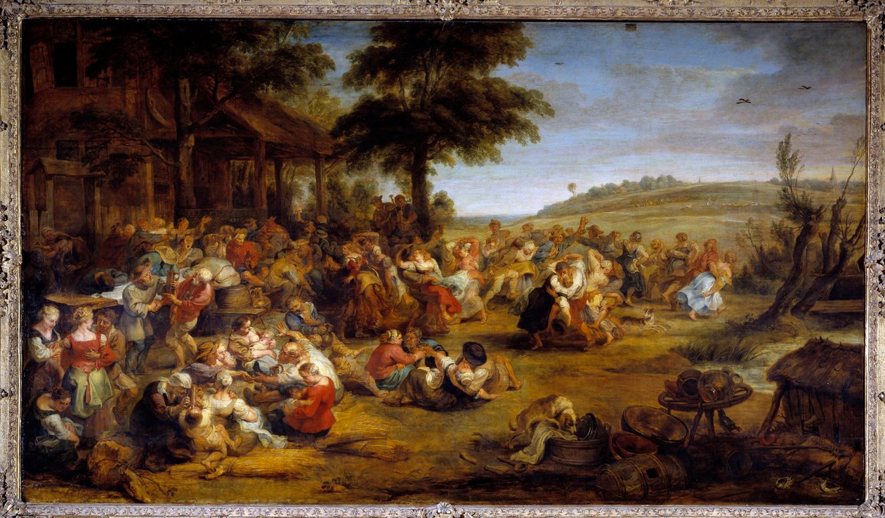 Jarmark nebo svatba na vesnici. Tabulka představující venkovskou párty. Obraz Pierre Paul (Pierre-Paul) Rubens (nebo Peter Paul nebo Petrus Paulus) (1577-1640), vlámská škola, cca 1635-1638. Olej na dřevě. Rozměr: 1,49 x 2,61 m. Musee Du Louvre - Vesnice od Peter Paul Rubens