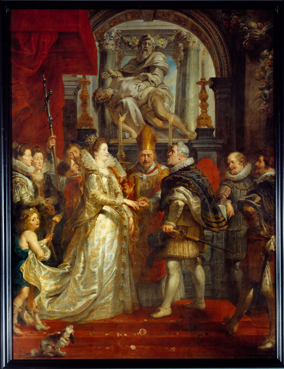 Sňatek na základě plné moci Marie De Medici (Marie de Medicis) (1573-1642) a Jindřicha IV ve Florencii dne 5.10.1600. Obraz Pierre Paul (Pierre-Paul) Rubens (nebo Peter Paul nebo Petrus Paulus) (1577-1640). Slunce 17. století. 3,94x2,95 m od Peter Paul Rubens