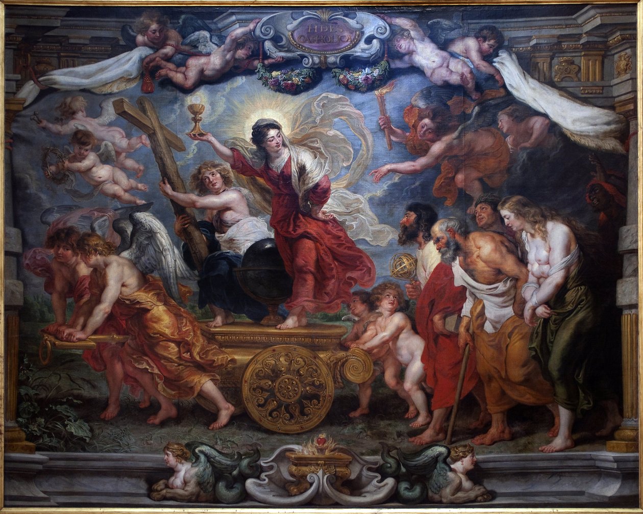 Triumf katolické víry. Alegorie triumfu eucharistie nad přírodou, vědou, filozofií a poezií. Žena na nádrži drží kalich zakončený hostií, symbolem eucharistie. Andělé drží symboly umučení: kříž, korunu o od Peter Paul Rubens
