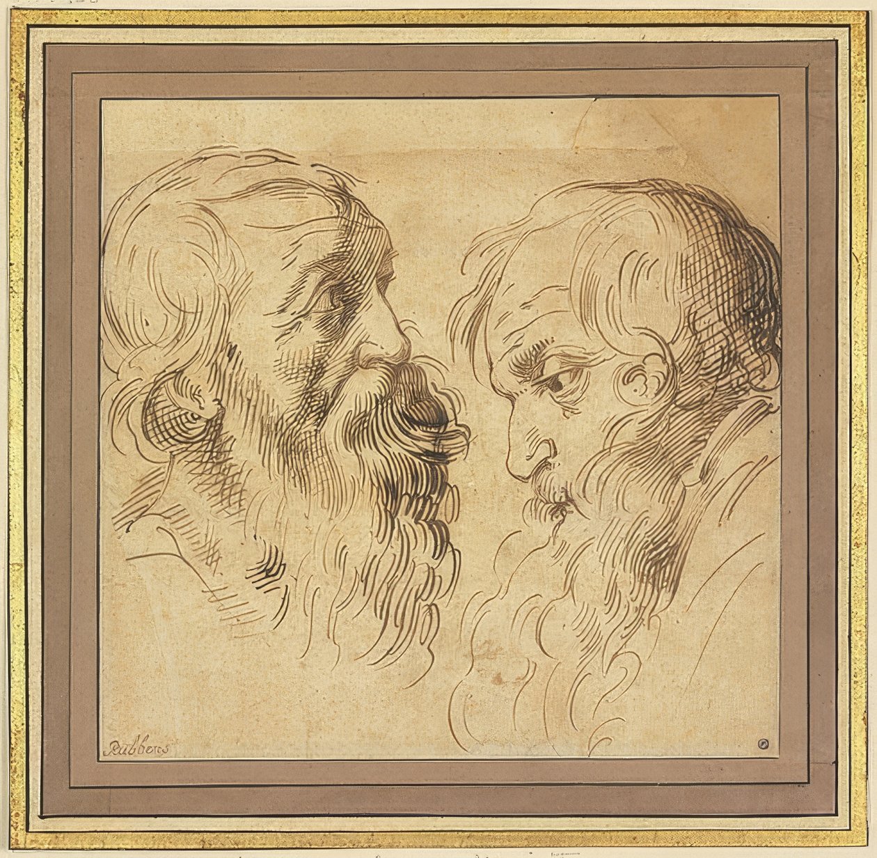 Dvě vousaté hlavy z profilu vpravo a vlevo od Peter Paul Rubens