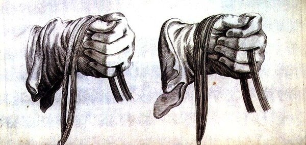 Studie dvou rukou v rukavicích držících otěže dvojité uzdy z „Nového pojednání o chovu koní“, které napsali Winters, Stuterey a Reit-Schul, pub. 1672 (rytina) od Peter Paul Troschel