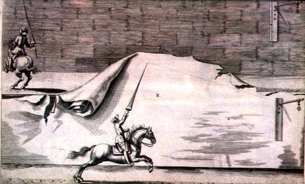 Trénink dvou jezdců s kopími z „Nového pojednání pro chovné koně“ od Winters, Stuterey a Reit-Schul, hospoda. 1672 (rytina) od Peter Paul Troschel