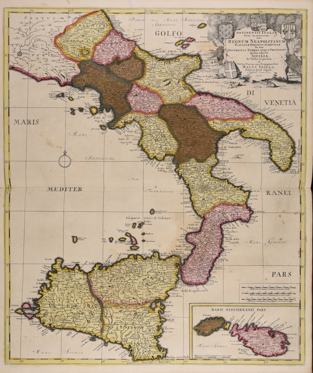 Continentis Italiae pars australior sive regnum Neapolitanum Hispaniae obediens subdivisum in suos districtus terras atque principatus quibus adjectae Sicilia in valles tripartita et contra Turcas ejus propugnaculum Malta insula od Peter Schenk the Elder