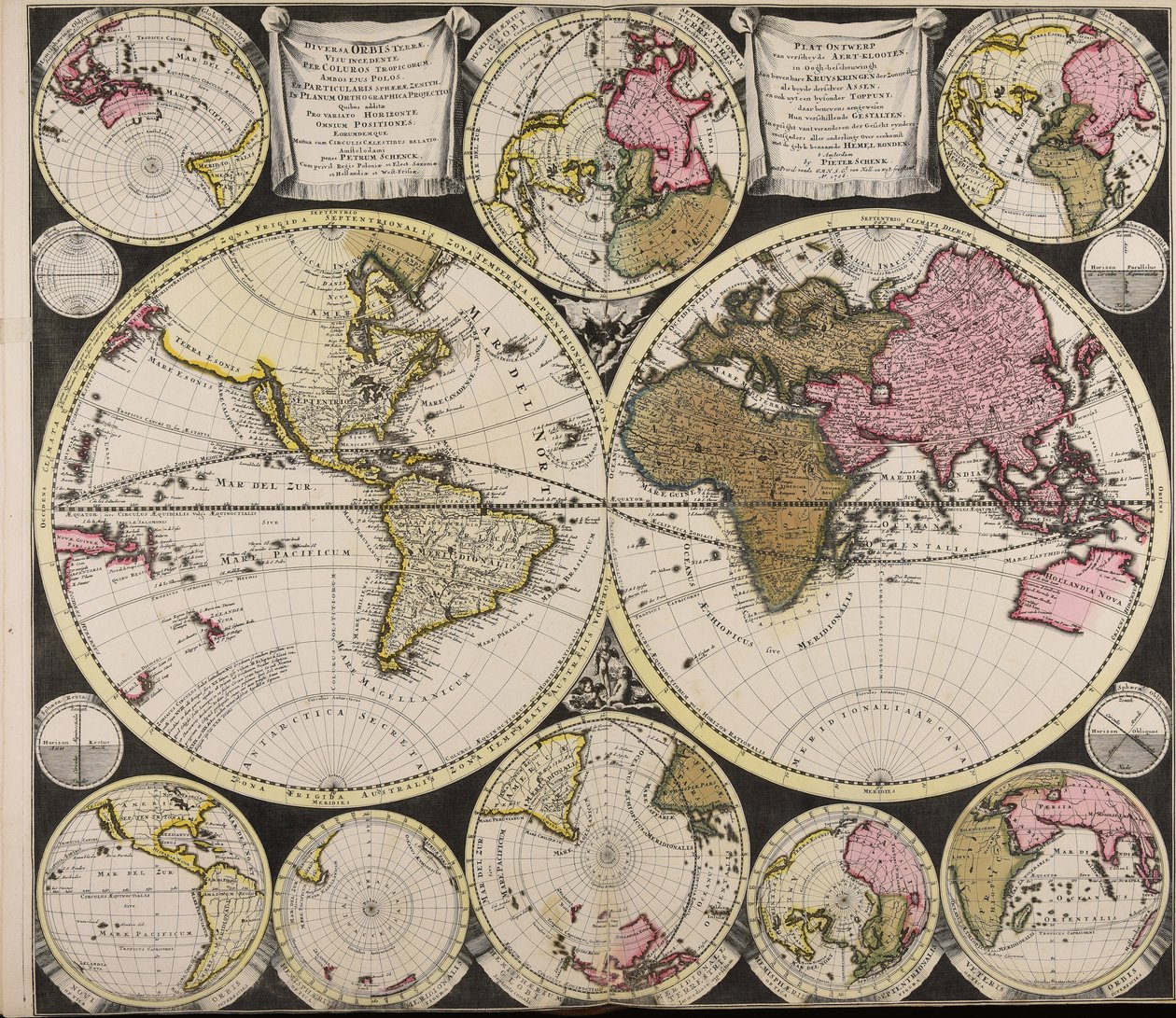 Diversa orbis Terrae visu incedente per coluros Tropicorum ambos ejus polos et particularis sphaerae zenith in planum orthographica projectio quibus additae pro variato horizonte omnium positiones eorumdemque mutua cum circulis caelestibus relatio  Plat O od Peter Schenk the Elder