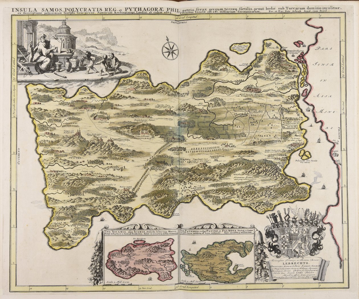 Insula Samos Polycratis reg. et Pythagorae phil. patria ferax gregum terraeq. fictilis, prout hodié sub Turcarum dominio incolitur, ex descriptione potissimum Iosephi Georgirene, Samiorum archiepiscopi, Londini ab eodem editá ... / fec. et exc. Petr. Schen od Peter Schenk the Elder