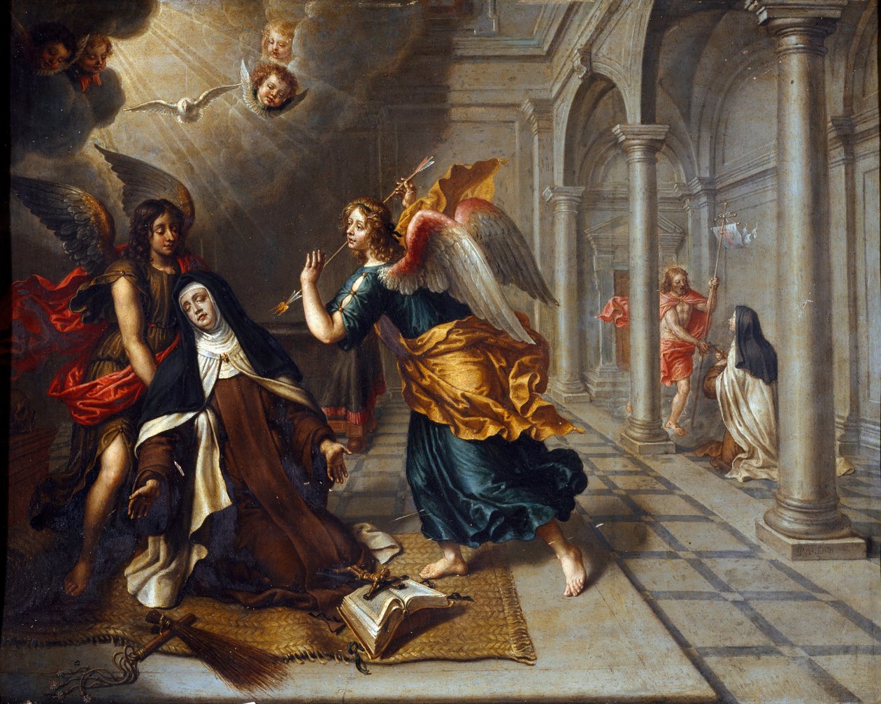Svatá Terezie z Avily (o dítěti Ježíši) (1515-1582) se setkává s andělem, který probodne srdce jeho zlaté střely Obraz Petera Van Lindta (17. století) Dim. 85x70 cm Genes, Galleria di Palazzo Bianco od Peter van Lint