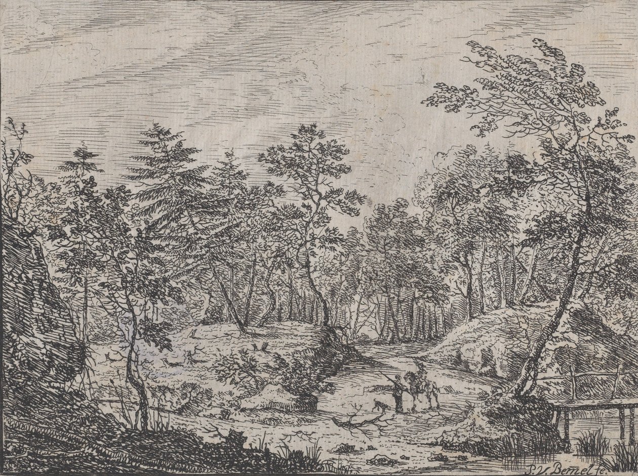 Lesní krajina s jezdcem konverzujícím s mužem uprostřed, lávka vpravo, 1716. od Peter von Bemmel