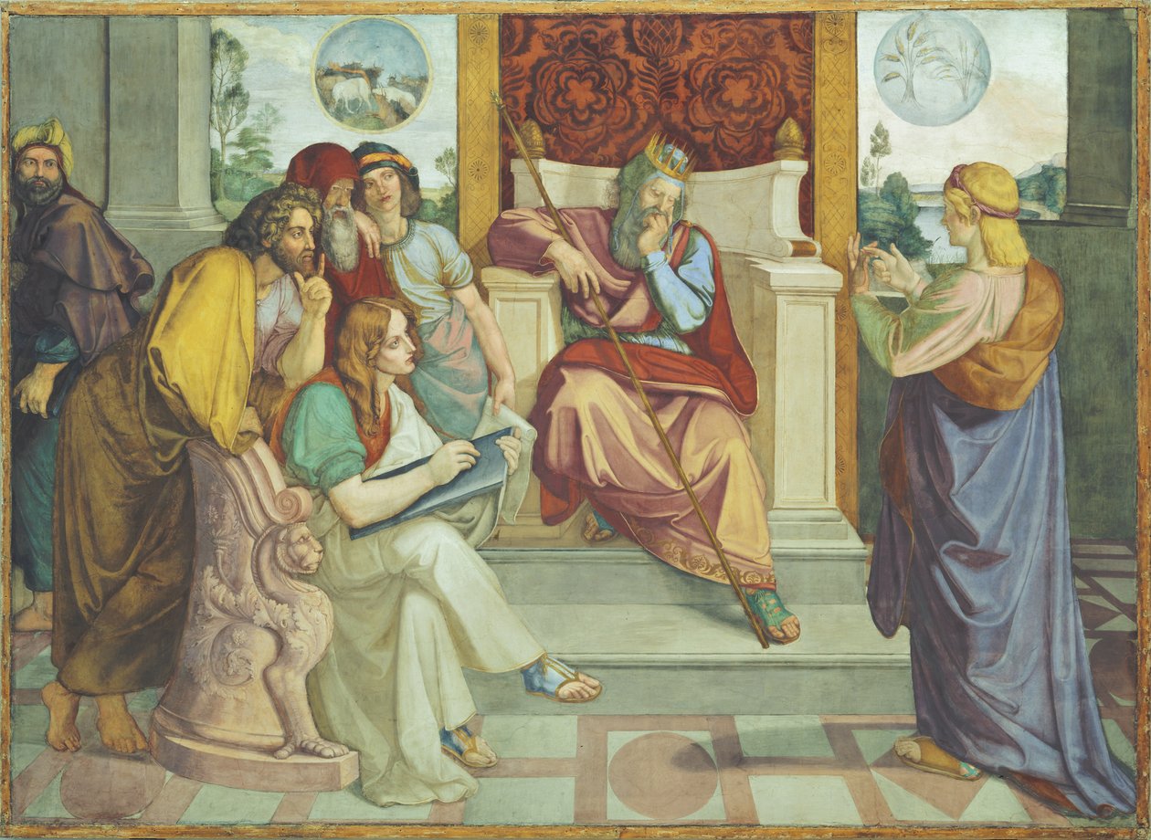 Josef vykládá faraonovy sny. Nástěnná malba z osmidílného cyklu z Casa Bartholdy v Římě od Peter von Cornelius