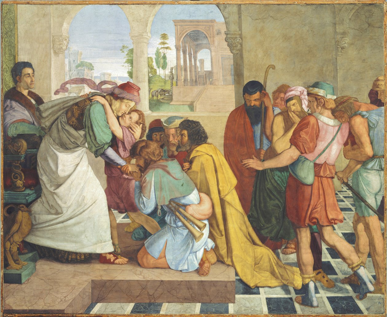 Josef se dává poznat svým bratrům. Nástěnná malba z osmidílného cyklu z Casa Bartholdy v Římě od Peter von Cornelius