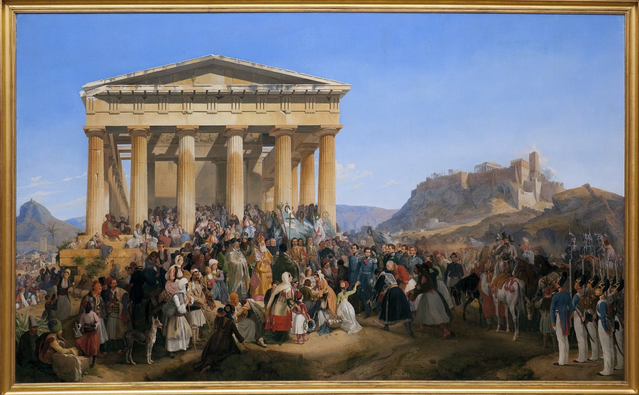 Vstup řeckého krále Othona I. (1815-1876) do Athén, přivítaný davem před chrámem Hephaistos (Hephaisteion) (Hephaistos) nebo Theseion na Agora (Řecko) od Peter von Hess