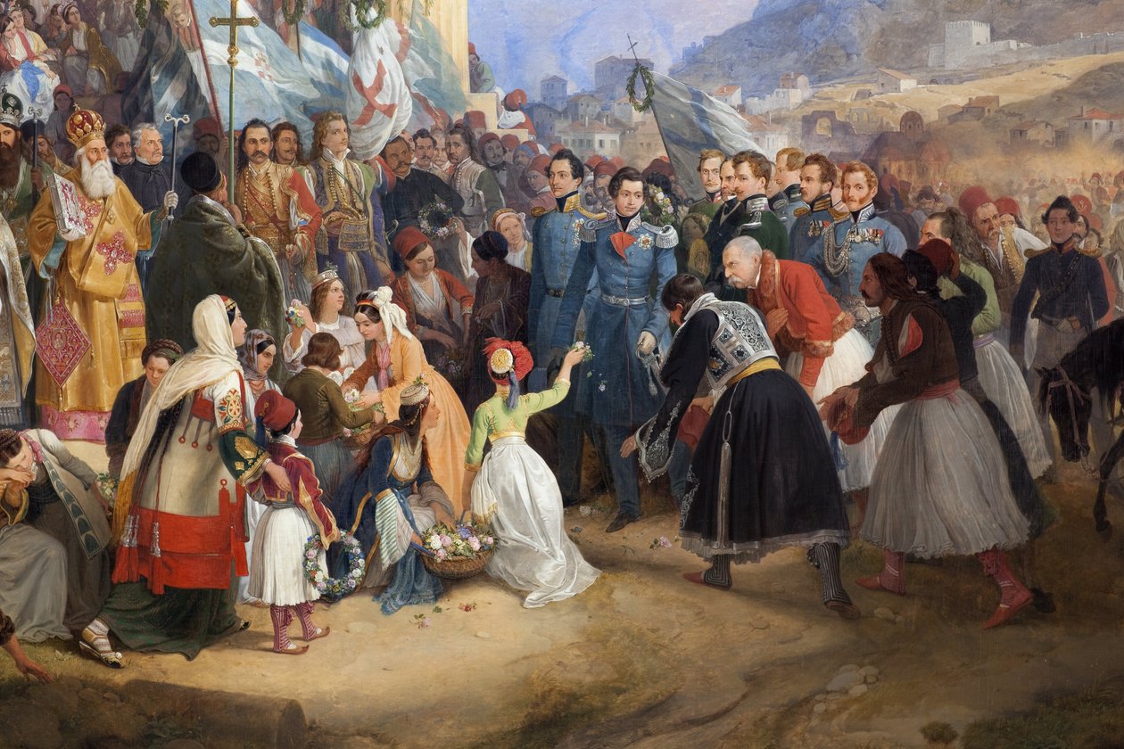 Vstup řeckého krále Othona I. (1815-1876) do Athén, přivítaný davem před chrámem Hephaistos (Hephaisteion) (Hephaistos) nebo Theseion na Agora (Řecko) od Peter von Hess