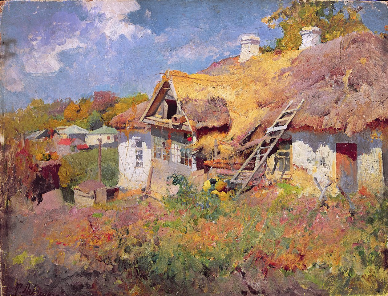 Ukrajinské chalupy, 1906 (olej na kartonu) od Petr Levchenko