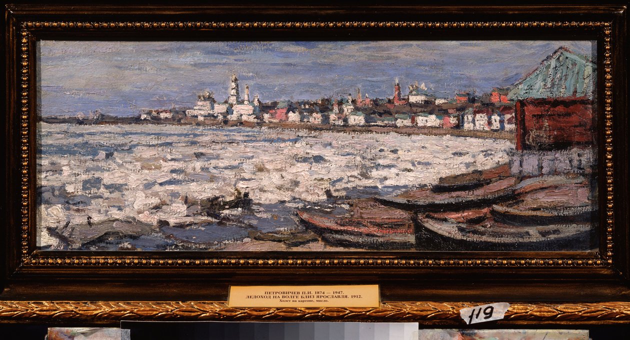 Ledový drift na Volze, poblíž Jaroslavli (Rusko). Dílo Pyotr Ivanovič Petrovičev (Piotr Petrovičev) (1874-1947), olej na kartonu od Petr Ivanovic Petrovichev
