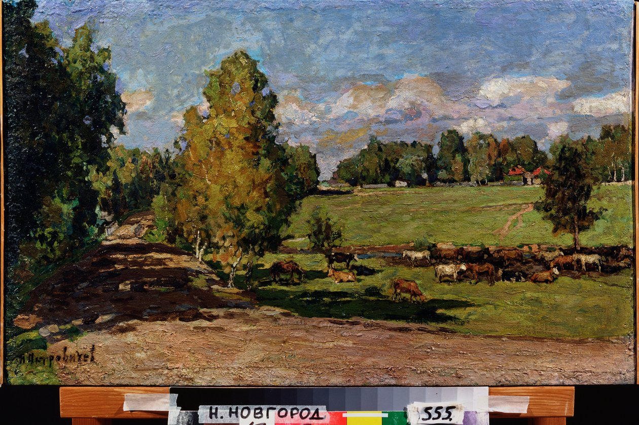 Odpočívej na louce. (Stádo dobytka u potoka, přes pole pastviny). Dílo Pyotr Ivanovič Petrovičev (Piotr Petrovičev) (1874-1947), olej na kartonu od Petr Ivanovic Petrovichev