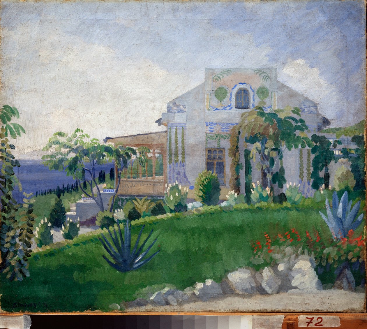 Vue de la propriete Zhukovsky (Joukovsky) a Kuchuk Koy (Ukrajina) (Pohled na panství Zhukovsky v Kuchuk-Koy) - Oeuvre de Pyotr (Piotr, Petr) Savvich Utkin (Outkine) (1877-1934), tempera sur toile od Petr Savvic Utkin