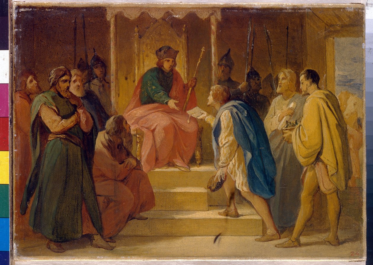 Velký princ Andrei Bogolyubsky (1111-1174) přijímá řemeslníky vyslané německým císařem Svaté říše římské, Fridrichem I. z Hohenstaufen, známým jako Barbarossa (1122-1190) (velký princ Andrej Bogolyubsky přijímá řemeslníky vyslané císařem od Petr Vasilievich Basin