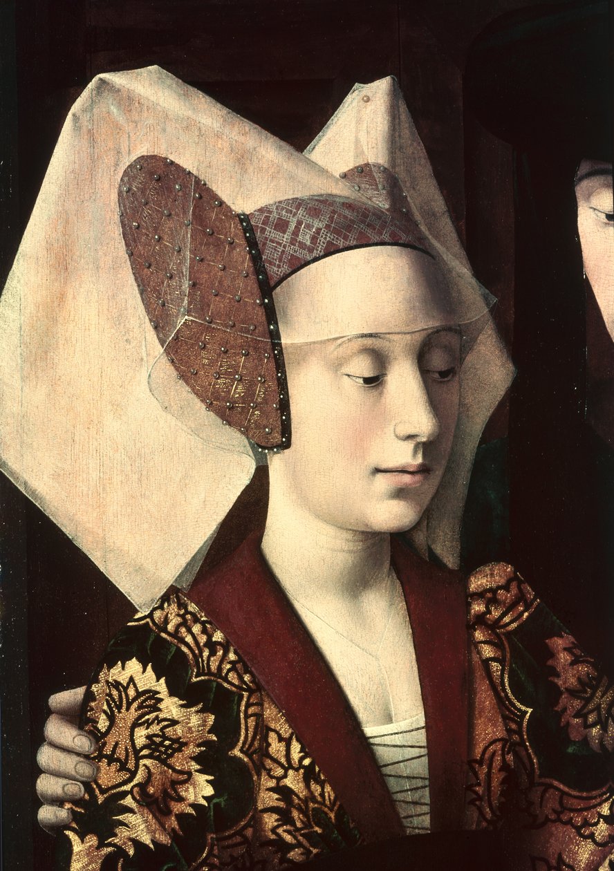 Sv. Eligius (asi 588-660) jako zlatník ukazující prsten snoubencům, detail snoubenky, 1449 od Petrus Christus
