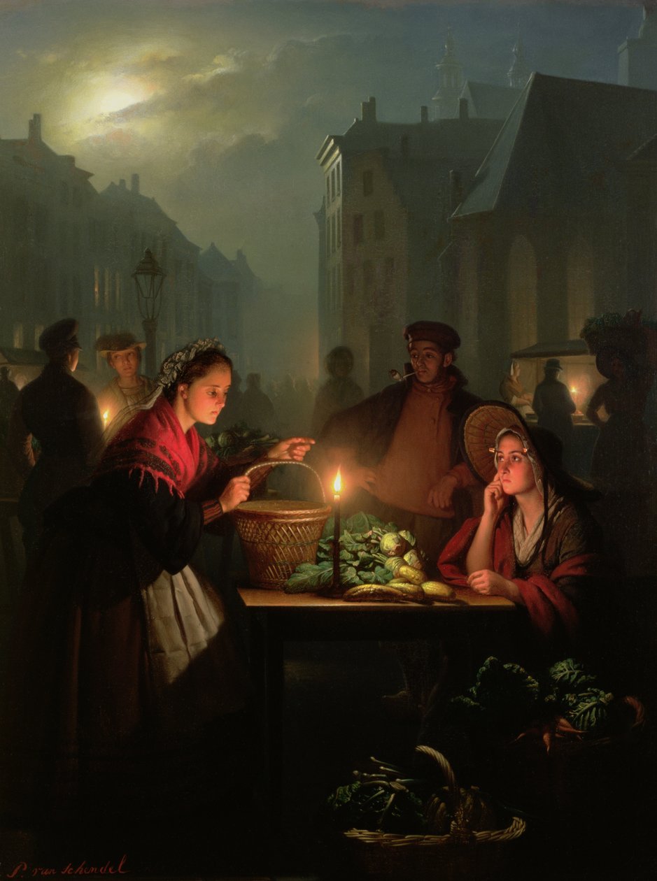 Noční stánek se zeleninou od Petrus van Schendel
