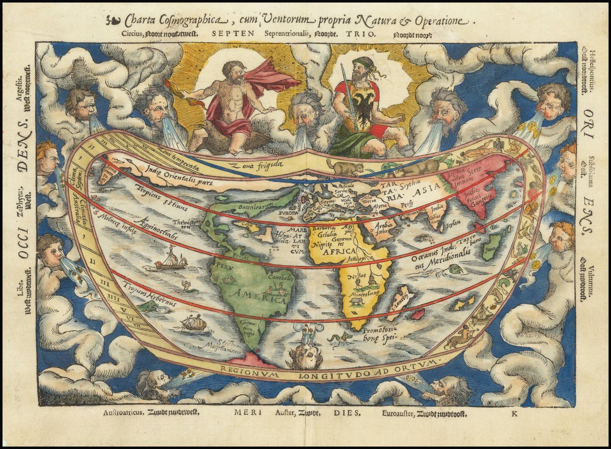 1553 mapa - Charta Cosmographica, Cum Ventorum Propria Natura et Operatione od Petrus Apianus