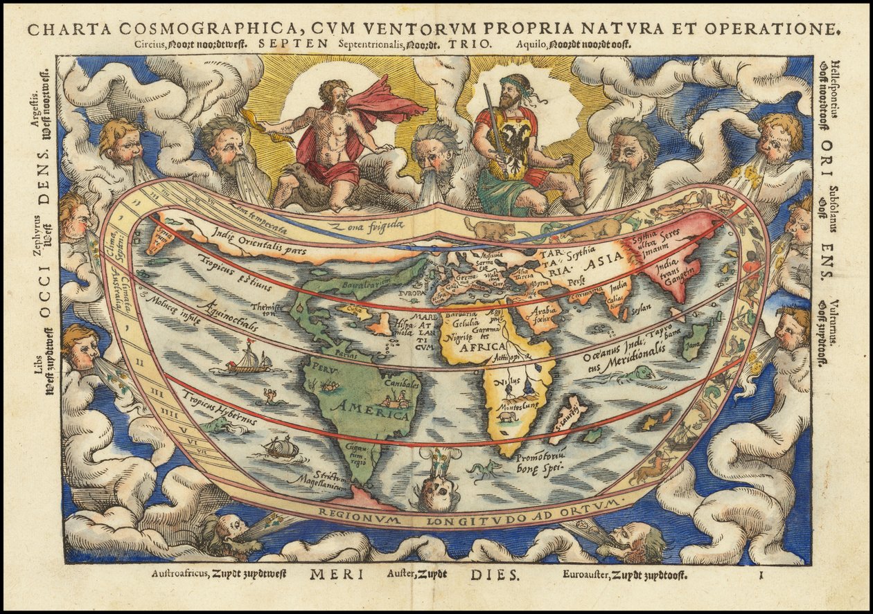 Mapa světa z roku 1553 - Charta Cosmographica, Cum Ventorum Propria Natura et Operatione od Petrus Apianus