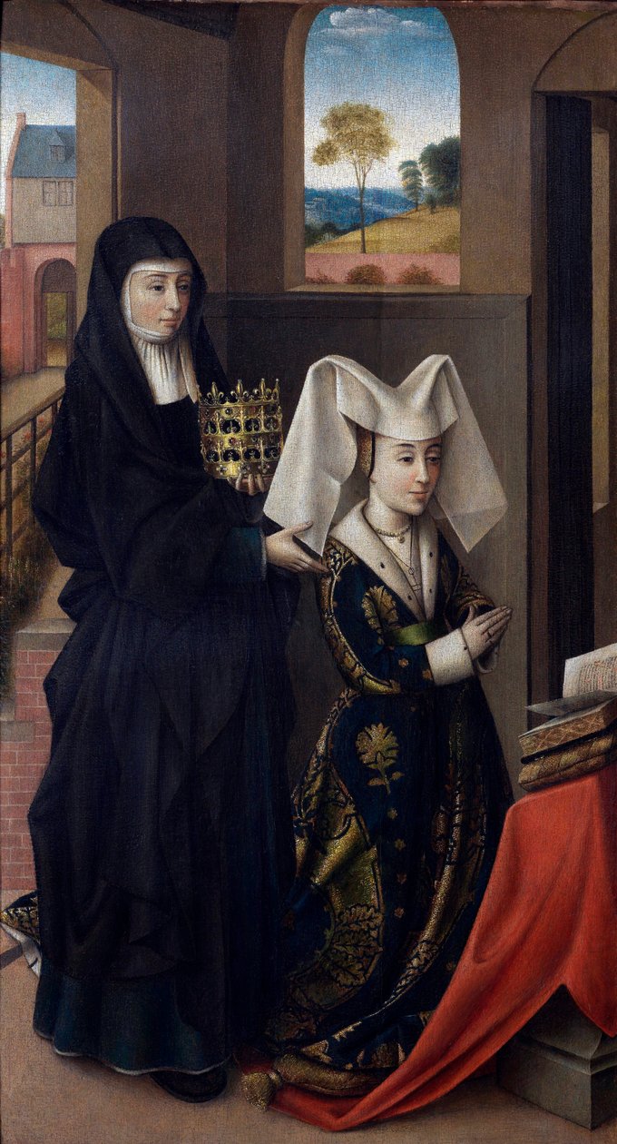 ""Portrét Isabely Portugalské (1397-1471) se svatou Alžbětou"" (Isabela Portugalská se svatou Alžbětou) Malba Petruse Christuse (1410/20-1475/76) - 1457-1460 - Olej na dřevě Rozměr 59x33 cm Groeningemuseum, Bruggy od Petrus Christus