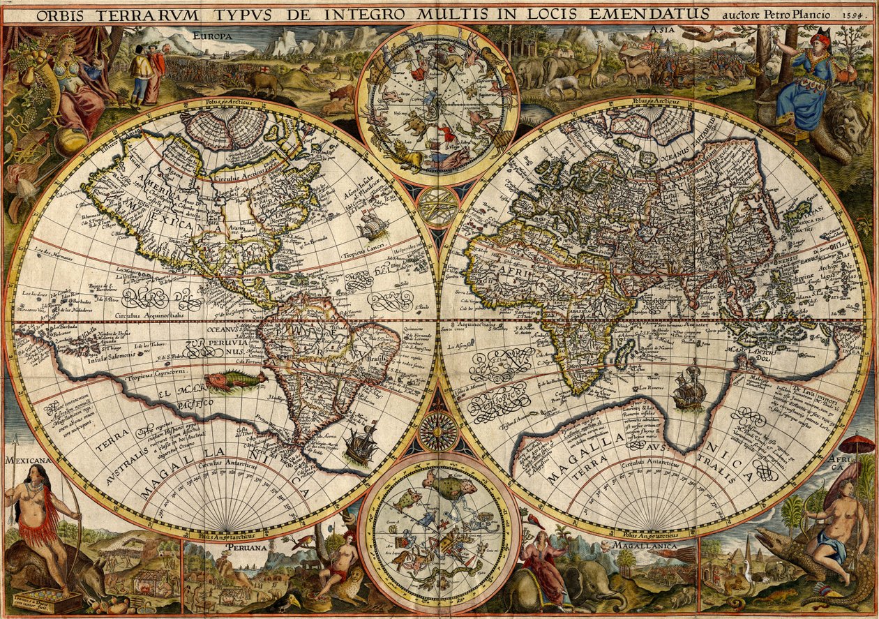 Orbis Terrarum Typus... (Dvojitá mapa světa) od Petrus & Doetichum Jan van younger Plancius
