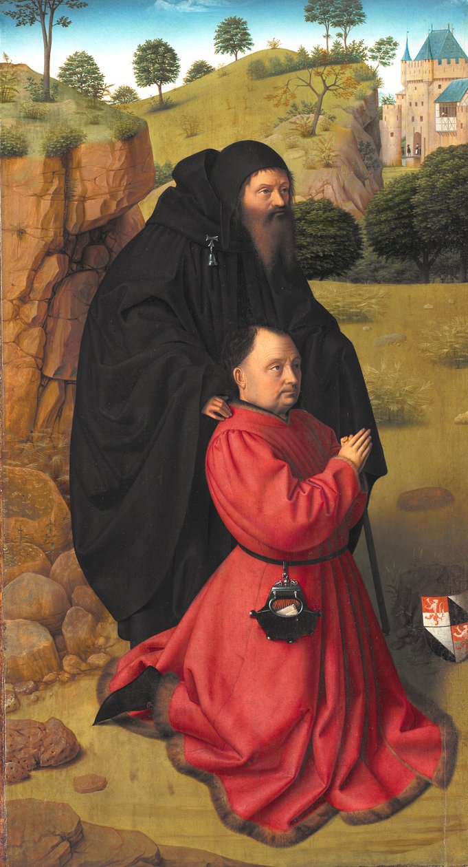 Oltářní deska s portrétem dárce v šarlatové barvě pod ochranou svatého Antonína od Petrus I Christus