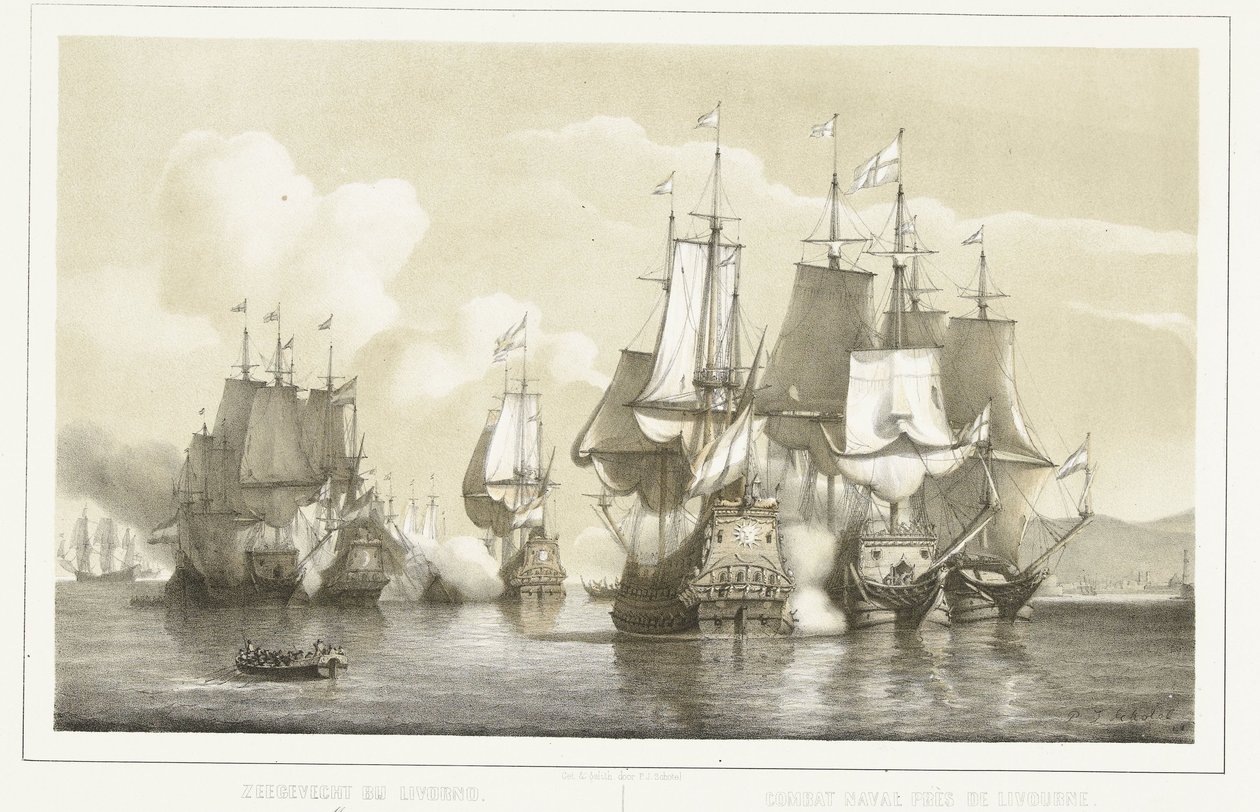 Námořní bitva u Livorna, 1653 Námořní bitva u Livorna. 14. března 1653 / Bojové námořní près de Livourne. 14 Mars 1653 (název na objektu) od Petrus Johannes Schotel