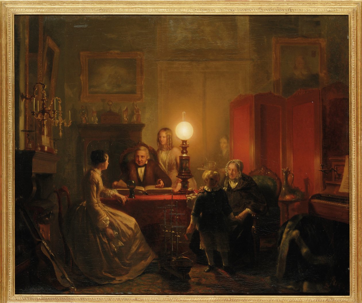 Rodina se sešla u stolu osvětleného lampami, 1854 od Petrus Kiers