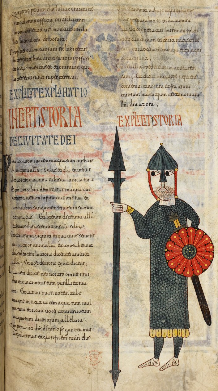 Vizigótský voják oblečený v řetězu po kolena a v legínách, ilustrace z 