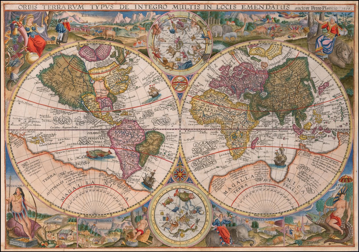 Mapa světa s dvojitou polokoulí od Petra Plancia z roku 1594 od Petrus Plancius