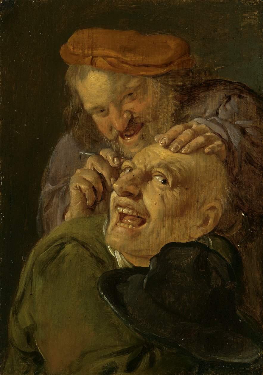 Pocit: Holič ošetřující muže. Ze série Personifications of the Five Senses, c.1635-66 (olej na dřevě) od Petrus Staverenus