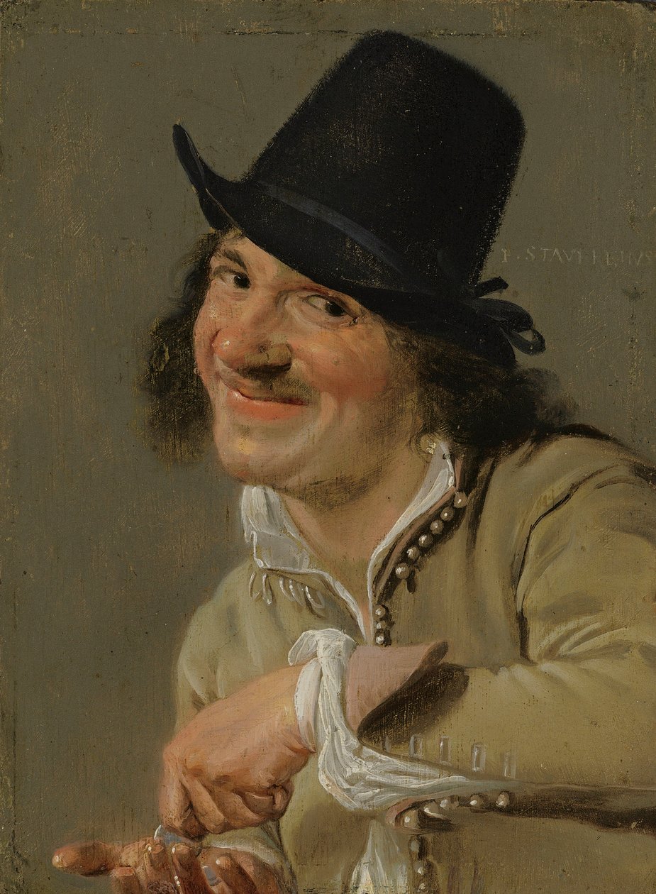 Slyšení: Muž počítání mincí. . Ze série Personifications of the Five Senses, c.1635-66 (olej na dřevě) od Petrus Staverenus