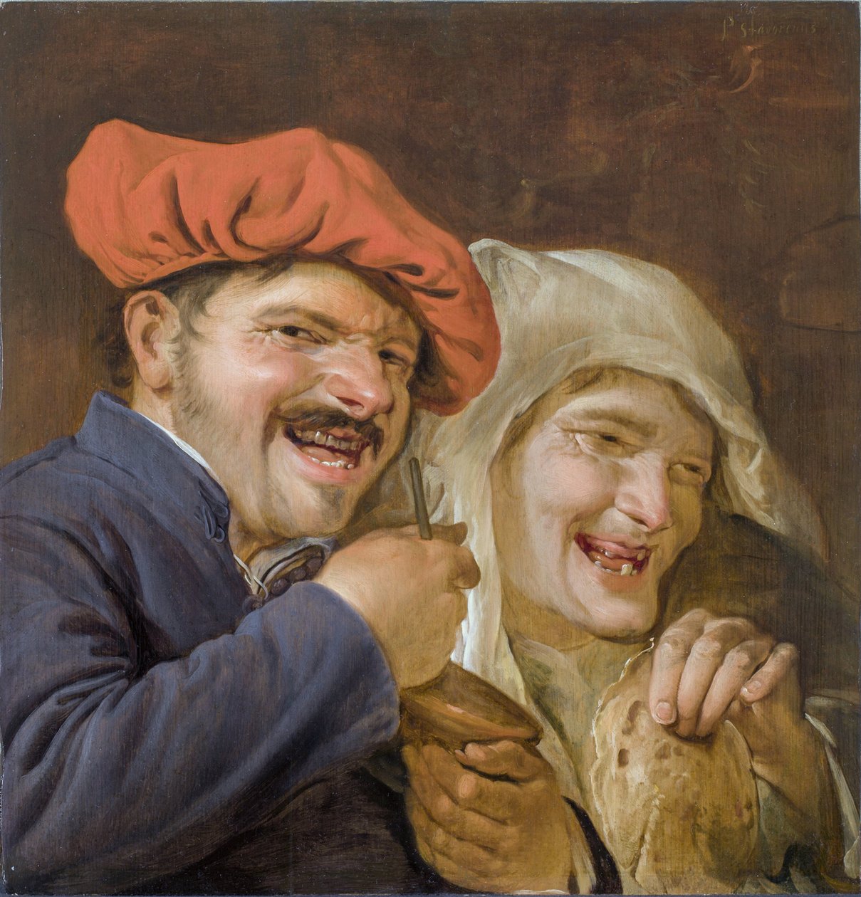 Rommelpot Player (Friction Drum) - Rommelpot Player Staverenus, Petrus (aktivní 1634-1654). olej na dřevo od Petrus Staverenus