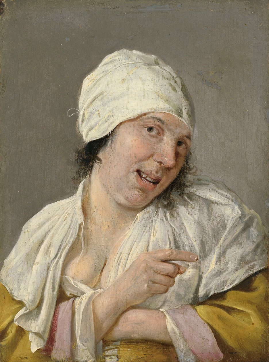 Pohled: Mladá žena ukazuje. Ze série Personifications of the Five Senses, c.1635-66 (olej na dřevě) od Petrus Staverenus
