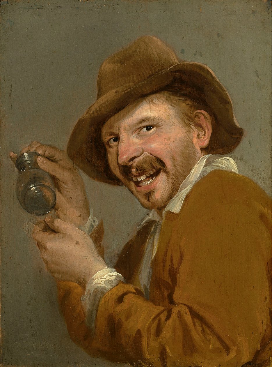 Chuť: Smějící se muž s obrácenou sklenicí. Ze série Personifications of the Five Senses, c.1635-66 (olej na dřevě) od Petrus Staverenus