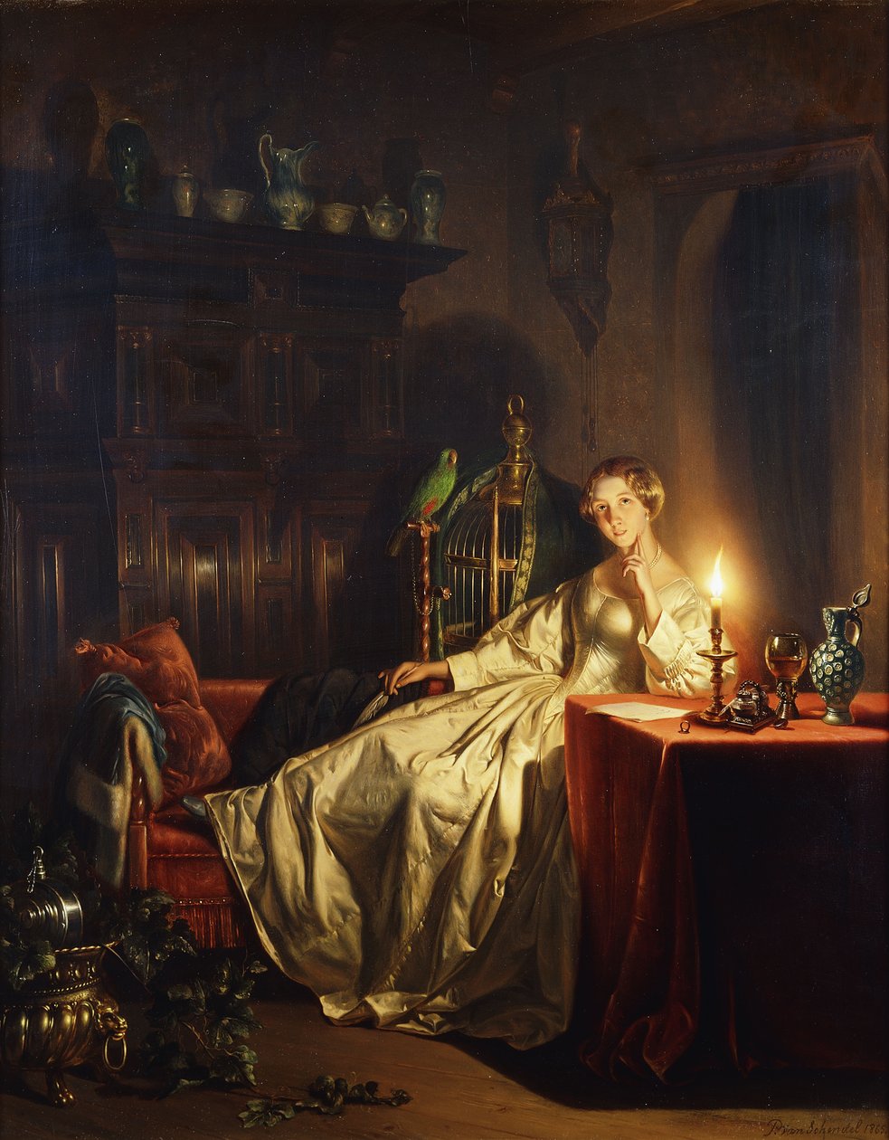 Interiér osvětlený svíčkami s dámou sedící u stolu, 1865 od Petrus van Schendel