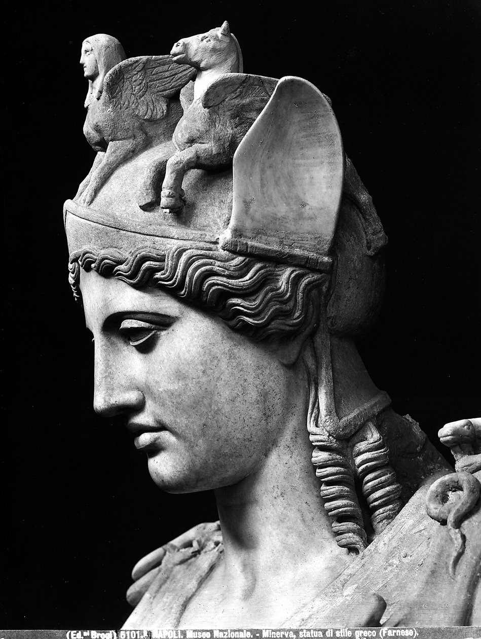 Detail tváře Atheny Farnese, římská císařská kopie bronzové sochy ze školy Phidias od Phidias (school of) (after)