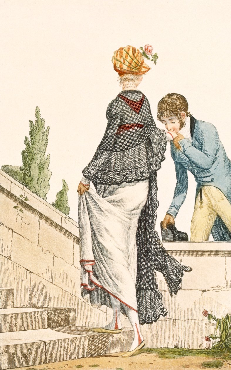 Elegantní dámské vycházkové šaty s kostkovaným pláštěm, 1789, ilustrace z knihy "Modes et Manieres du Jour a Paris". od Philibert Louis Debucourt