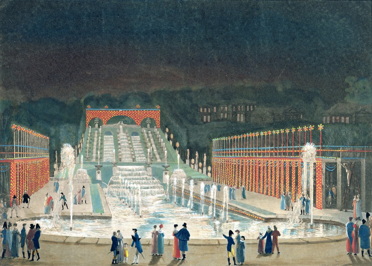 Iluminace fontány Saint-Cloud, 1. dubna 1810 (lept a akvatinta na papíře) od Philibert Louis Debucourt