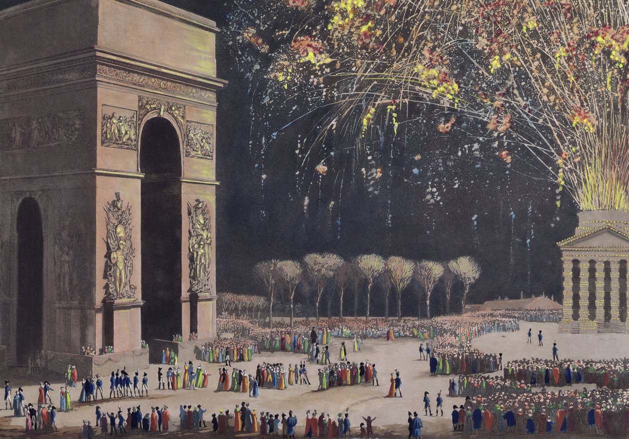 Pohled na Arc de Triomphe s ohňostrojem, 1810 (barevná akvatinta) od Philibert Louis Debucourt