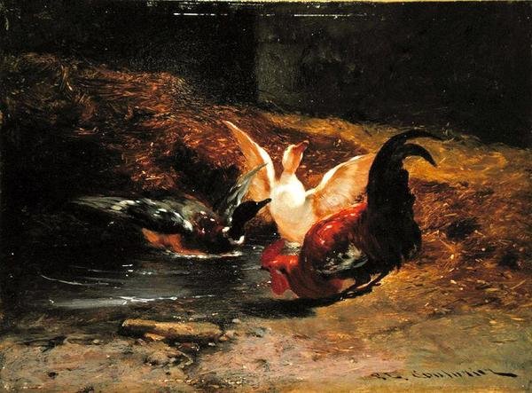 Kohout se dvěma kachnami (olej na plátně) od Philibert Leon Couturier