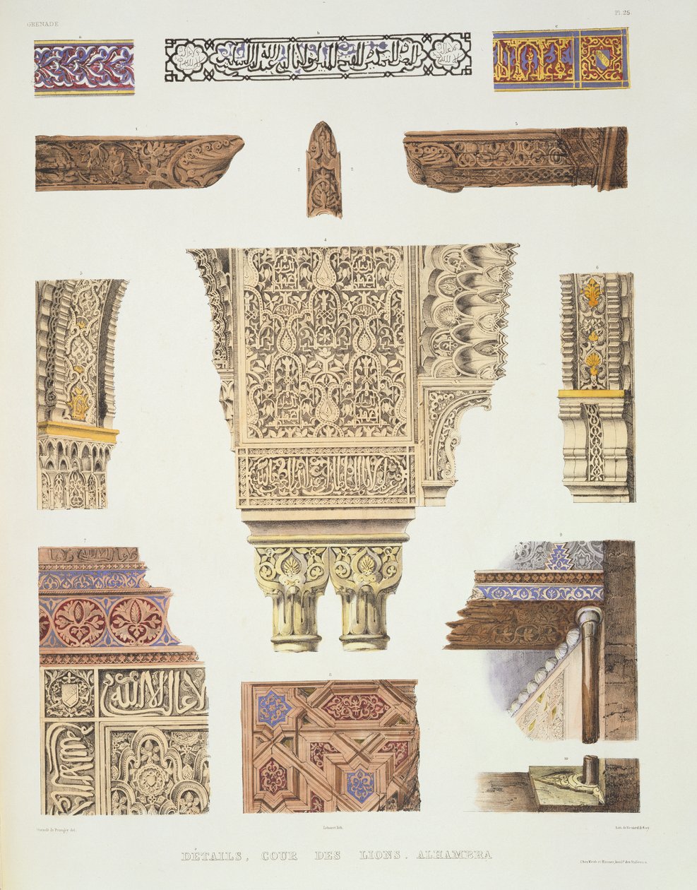 Podrobnosti z Court of Lions, Alhambra, z „Souvenirs of Granada and the Alhambra“, vyryté Benardem und Frey, publikované kolem roku 1836-37 od Philibert Joseph Girault de Prangey