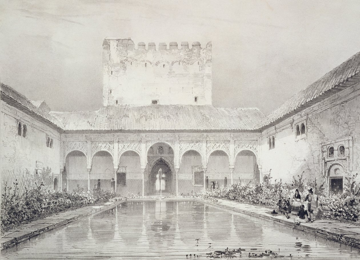 Bazén a fontána na nádvoří Alberca, Alhambra, deska 21 ze „Souvenirs de Grenade et de l