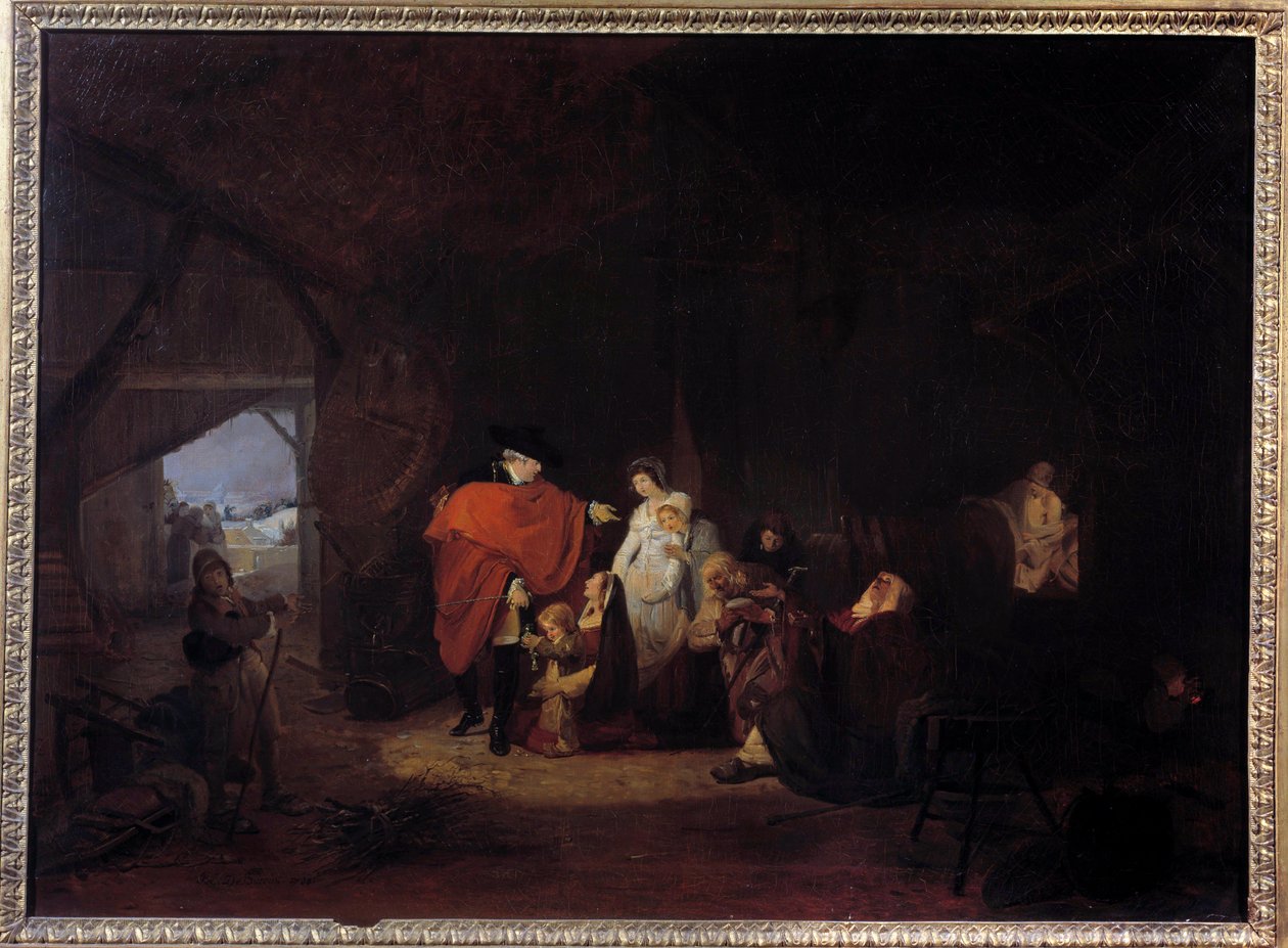 Lidský rys Ludvíka XVI.: zima 1784 král dává almón obyvatelům Versailles Obraz Louise Philiberta Debucourt (1755-1832) 1785 Ne. 0,61x0,83 m od Philibert Louis Debucourt