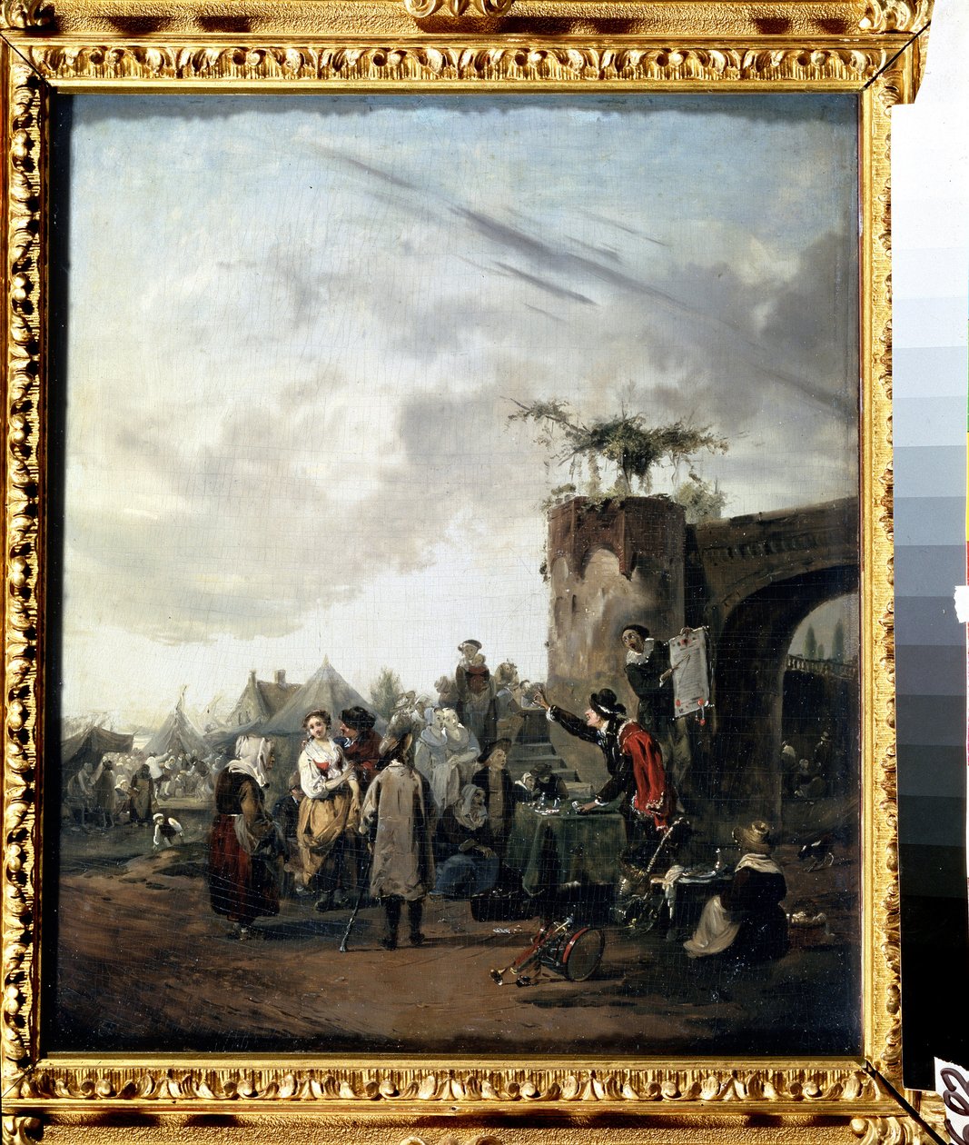 ""Šarlatán"" Podvodník instalovaný na návsi vyzývá obyvatele, aby si koupili zázračné pilulky. Obraz Philiberta Louise Debucourta (1755-1832) kolem roku 1780 Puškinovo muzeum Moskva od Philibert Louis Debucourt