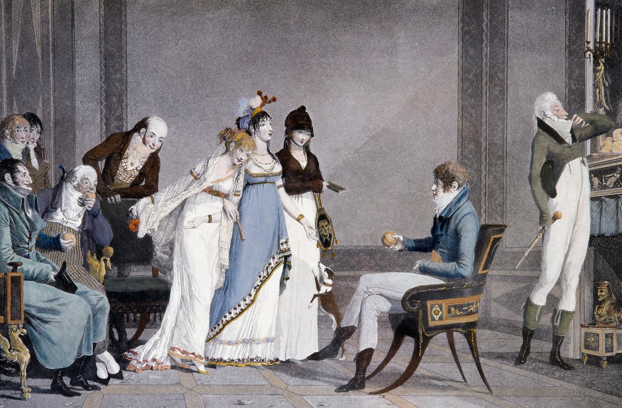 Pomeranč, Louis-Philibert Debucourt (1755-1832), akvatinta, scéna s nábytkem inspirovaným Etruskem ve stylu Directoroi, Francie od Philibert Louis Debucourt