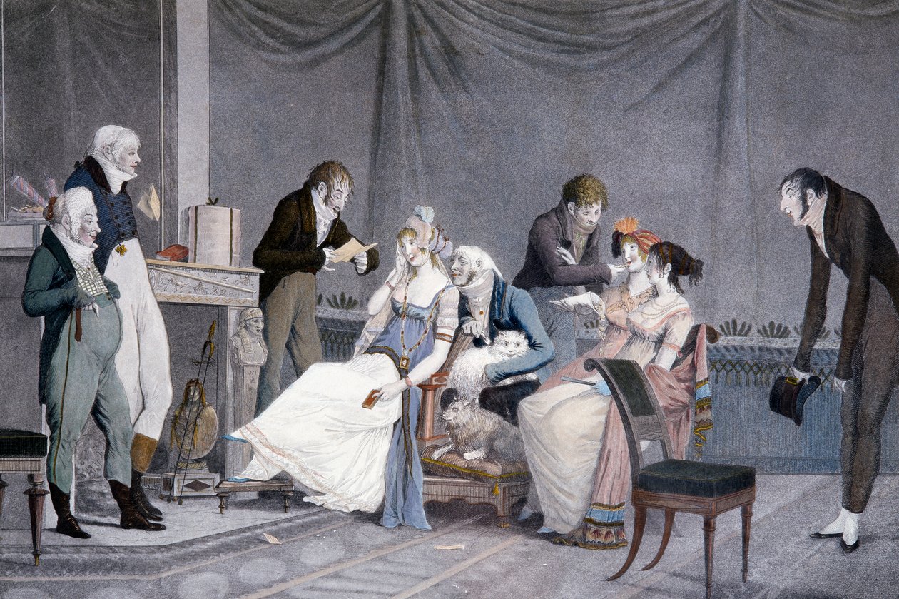 Návštěvy, Louis-Philibert Debucourt (1755-1832), akvatinta, scéna s nábytkem inspirovaným Etruskem ve stylu Directoroi, Francie od Philibert Louis Debucourt