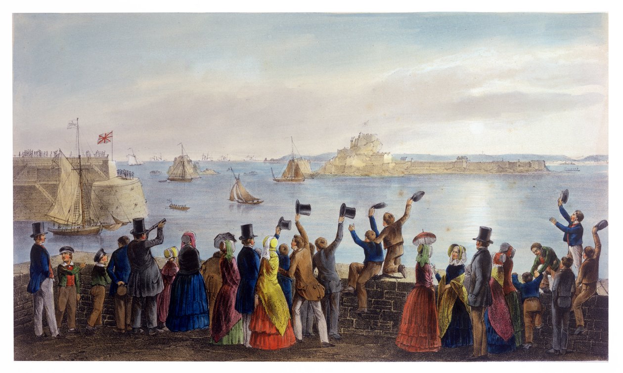 Královská eskadra vstupující do zálivu St. Aubin, 2. září 1846, z návštěvy královny Viktorie v Jersey, vyryl H. Walter, 1847 od Philip John Ouless